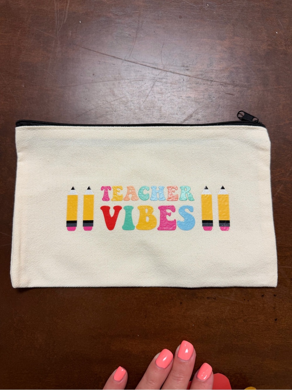 Teacher Vibes Canvas Zipper Pouch - Cream with Colorful Print